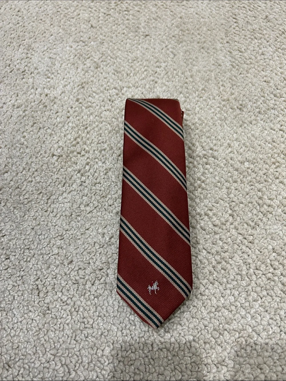 Vintage Saddlebred Brick Red Striped Tie with Cream and Green Accents